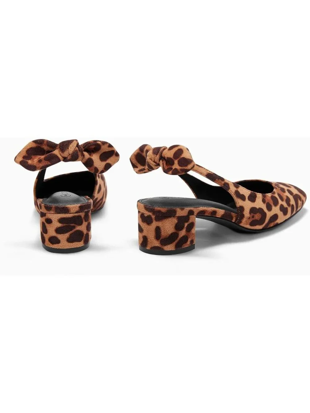 Women's Leopard Faux Suede Chunky Low Heel Bow Slingback Closed Square Toe Pumps